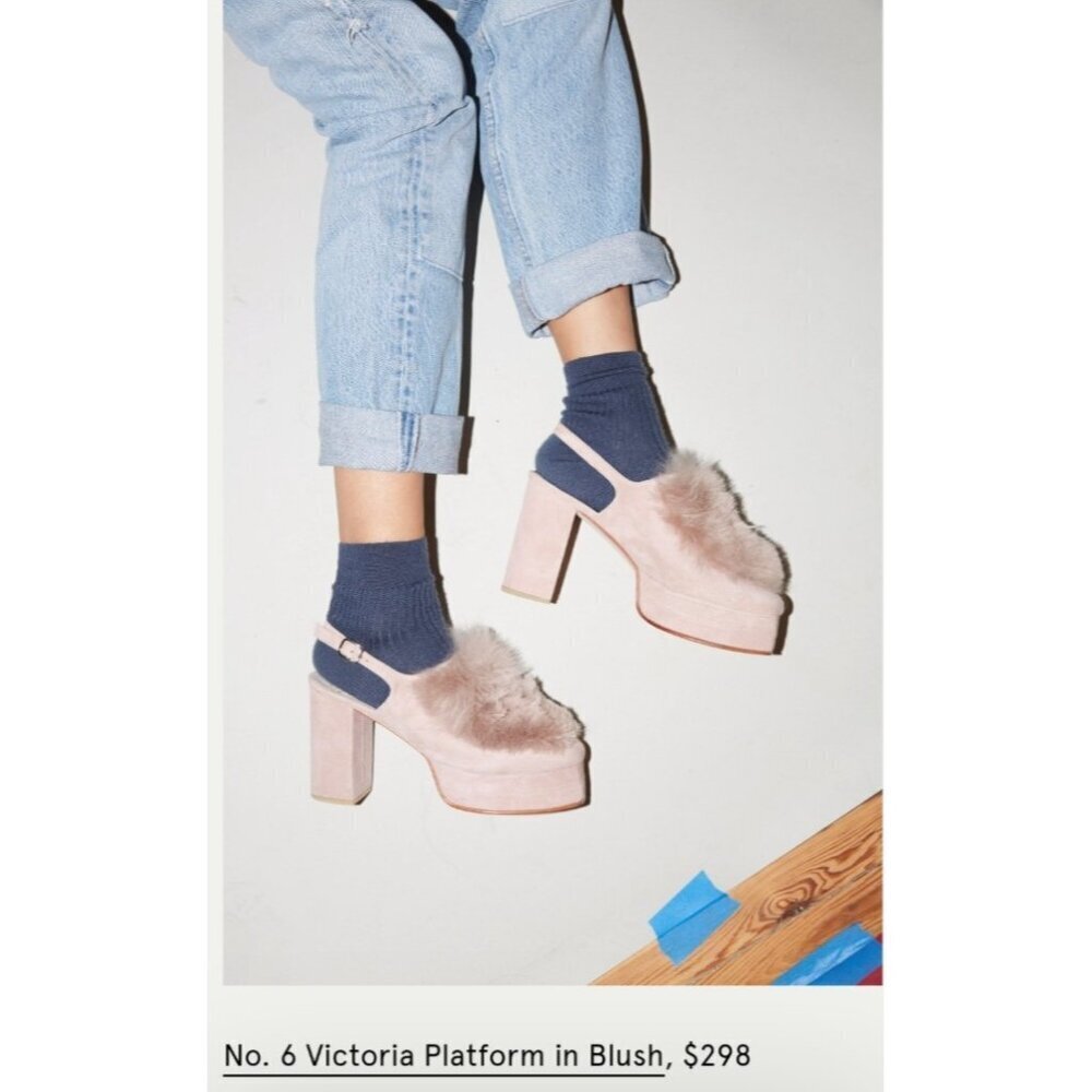 No. 6 Victoria Platform Heels Blush Furry Chunky Shoes Size 8 Designer Statement